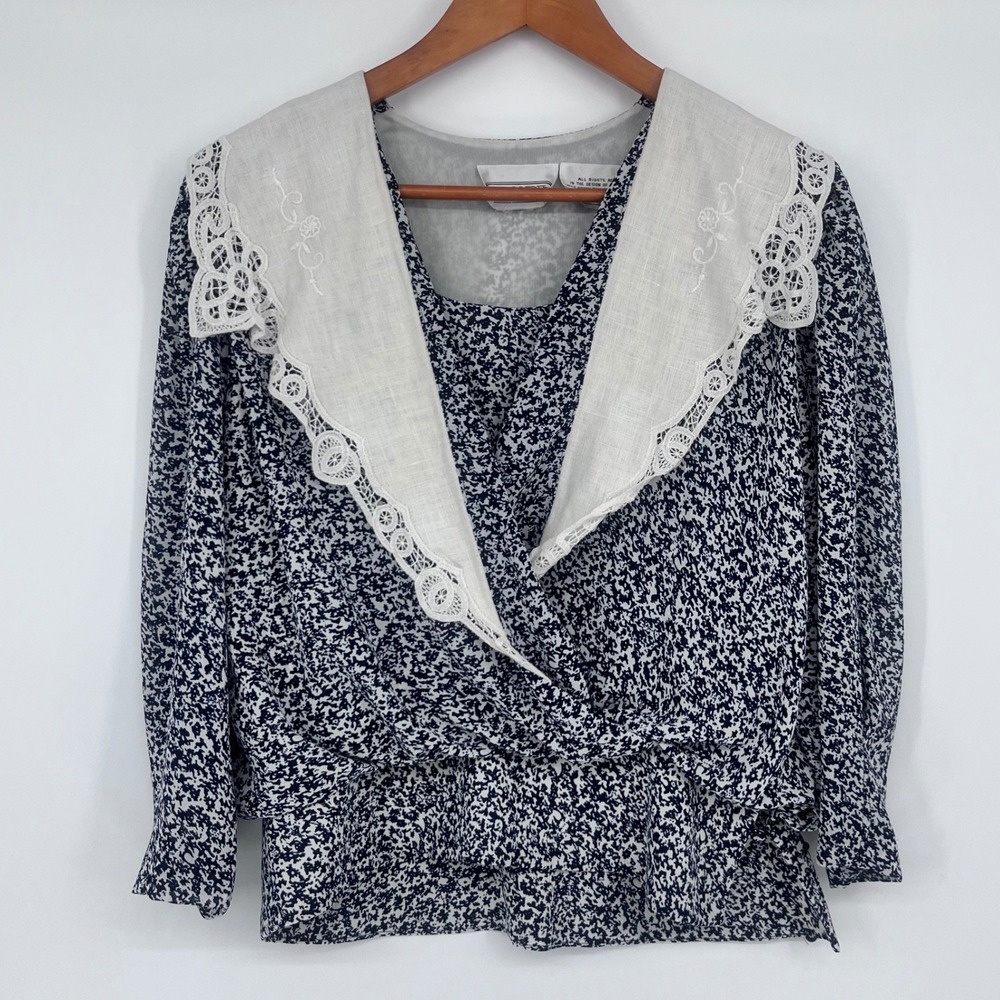 Vintage Liz Roberts Skirt Set Women Medium Navy Floral Lace Collar Pleated Retro